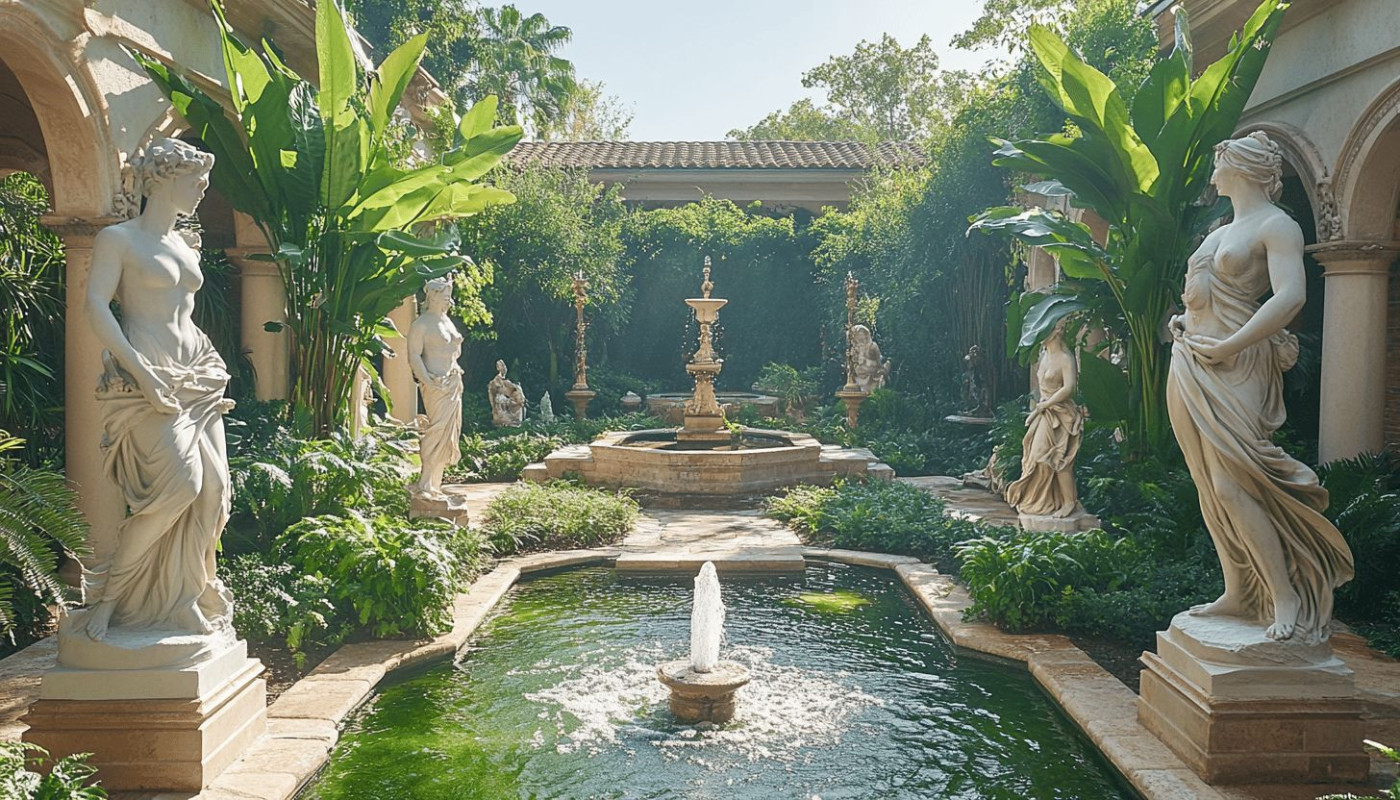 Créer une oasis extérieure avec des statues et des fontaines